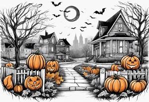 Neighborhood street in fall with Halloween pumpkin tattoo idea