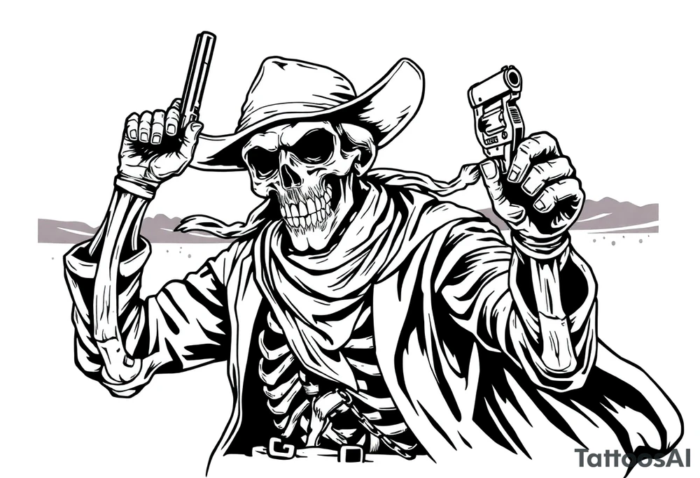 a skeletal gunslinger risen from legend. Sun-bleached bones glint beneath his tattered duster, and wind whips around him like whispers of forgotten duels. With one bony hand, he pulls down a worn bandana, revealing a grinning skull locked in a permanent, menacing sneer. In the other hand, he raises a heavy, timeworn revolver, smoke coiling from its barrel as if it remembers every soul it's sent to the underworld. Behind him, the desert sky burns with the fire of a setting sun, casting long shadows of death and justice. tattoo idea