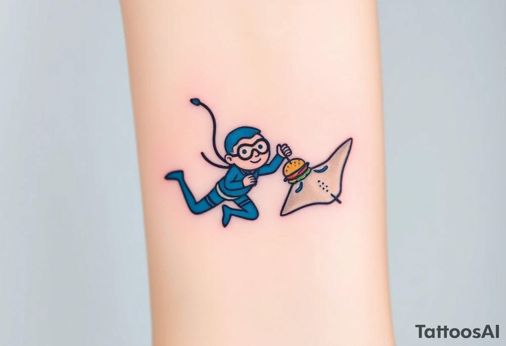 Scooba diver, diving with manta ray with burger on his hand tattoo idea