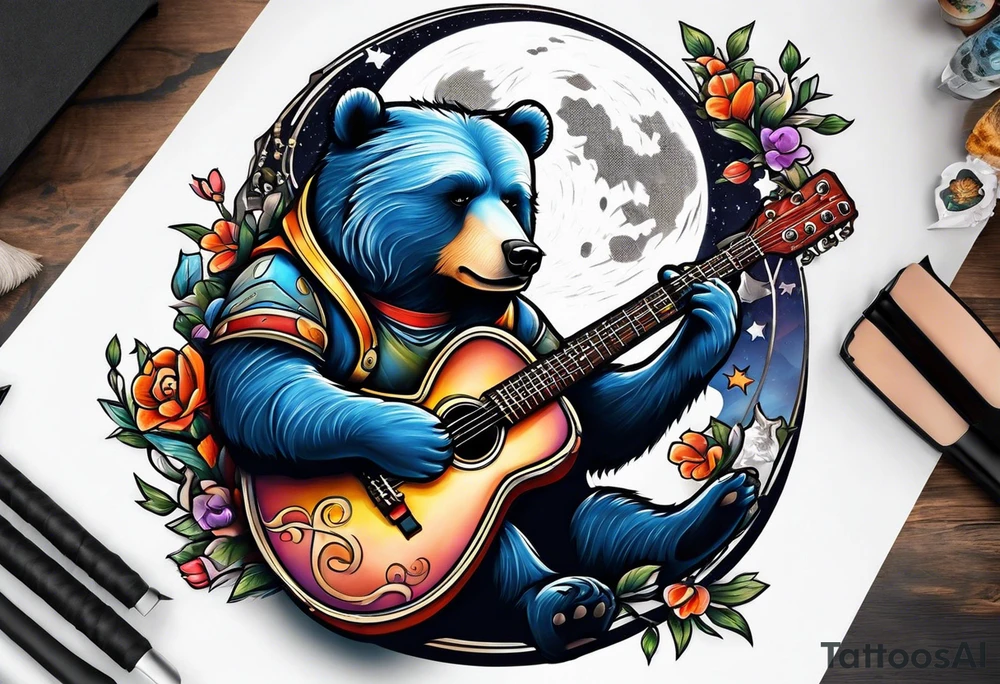 bear on the moon playing guitar tattoo idea