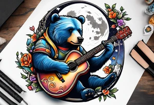 bear on the moon playing guitar tattoo idea