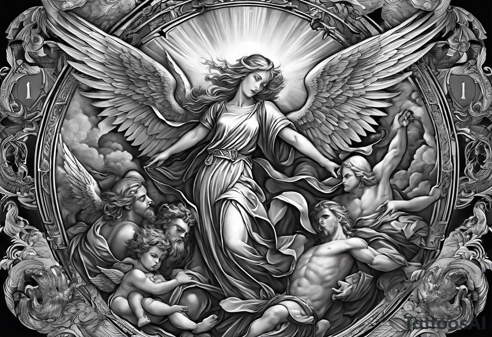 Full back piece depicting the war between angels above and demons below. Make the angels biblically accurate such as seraphim, ophanim, virtues, etc tattoo idea