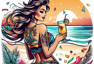 vintage beach dance party with music and confetti, tropical drinks tattoo idea