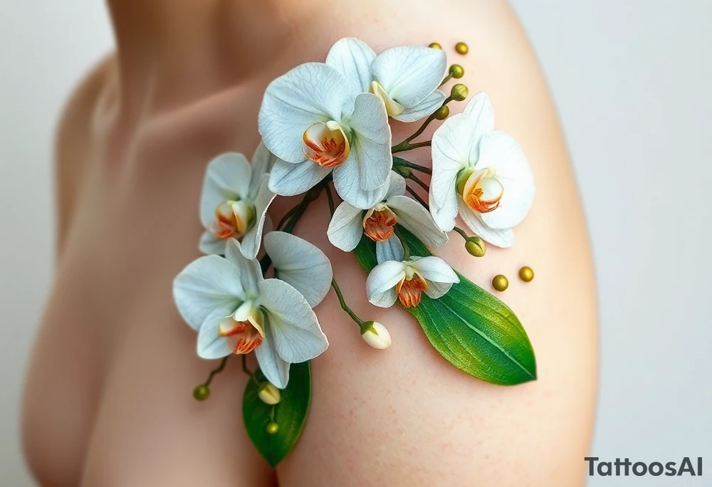 A cluster of white orchids cascading down a shoulder, surrounded by soft green leaves and golden accents. tattoo idea