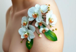 A cluster of white orchids cascading down a shoulder, surrounded by soft green leaves and golden accents. tattoo idea