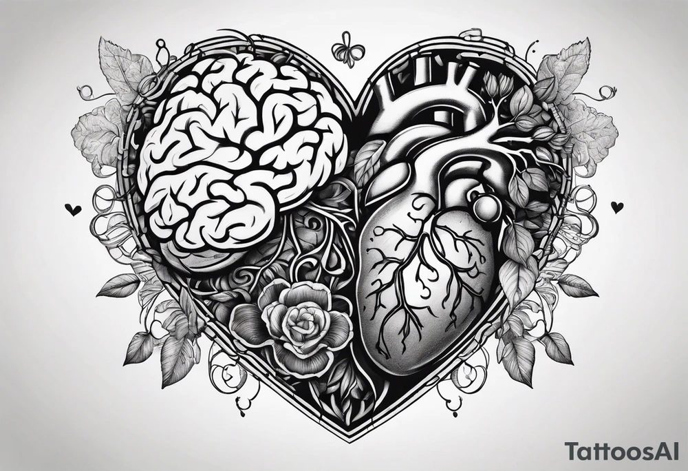 Heart and brain with a line down the middle symbolizing balance tattoo idea