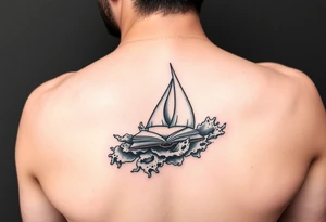 A black and white tattoo that will go on side of the wrist. This is for someone who loves ocean, travel and books. Give this on side of the arm tattoo idea