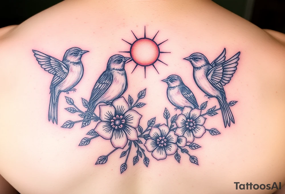 Four birds, flowers, branch, sun tattoo idea