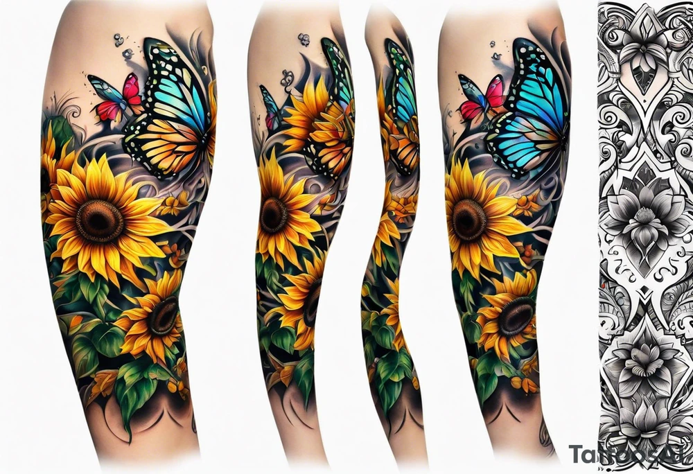 Sunflower and butterfly leg sleeve tattoo idea