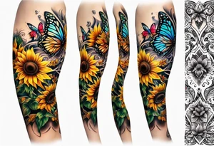Sunflower and butterfly leg sleeve tattoo idea