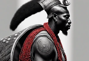 Black-skinned bald african warrior. He is a god of the war. Wears a simple red necklace and a silver crown tattoo idea