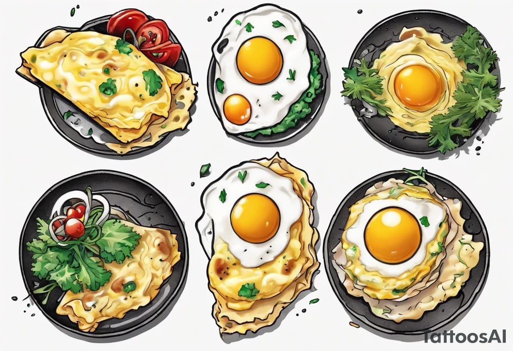 A round omlette, thin 5 fried eggs with salt pepper and a bit greens and shredded cheese on the top tattoo idea