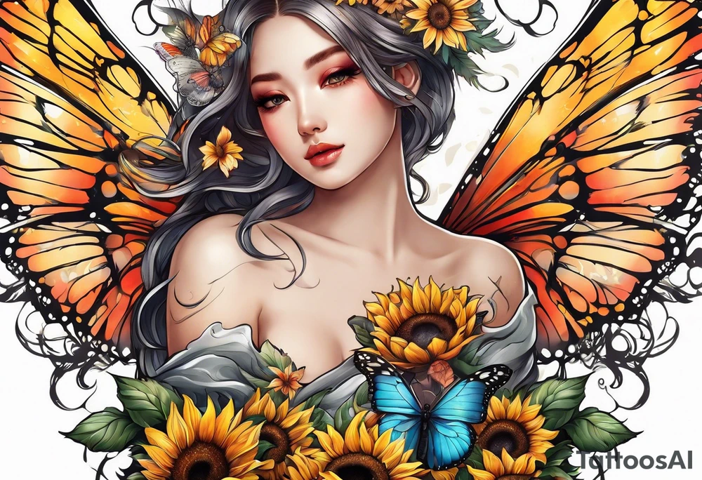 Sleeve with angel wings, sunflower and butterfly tattoo idea