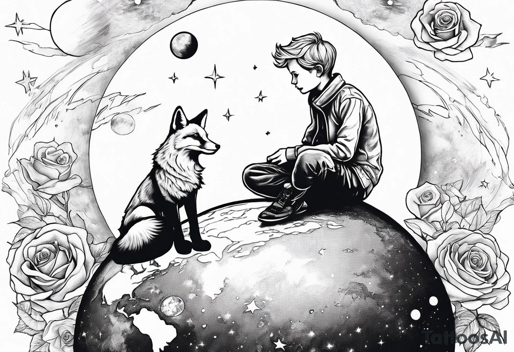 The Little prince sitting on his planet toghether with the fox on his planet besides his rose. Both are watching into the sky tattoo idea