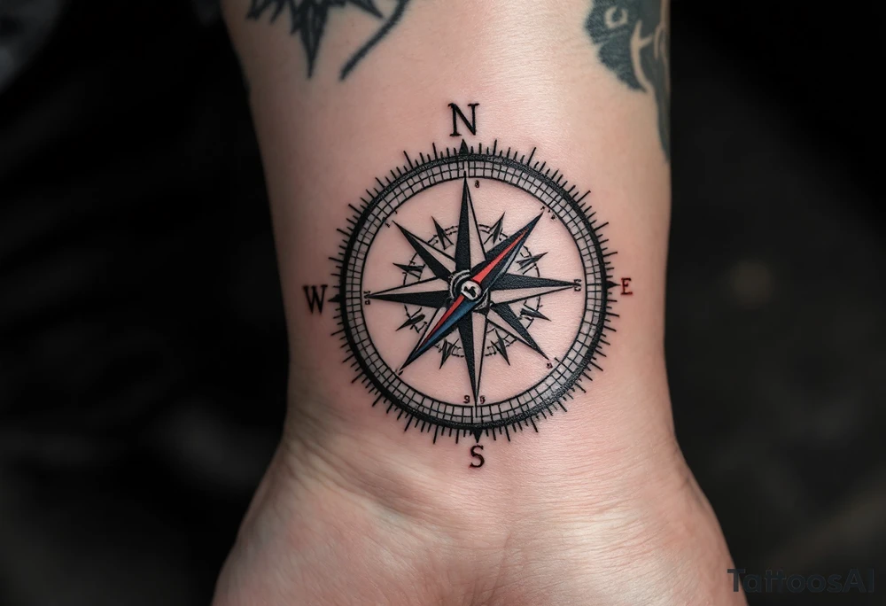 A compass in black and grey realism, with the needle pointing to the son's birthdate in deep red numerals. tattoo idea