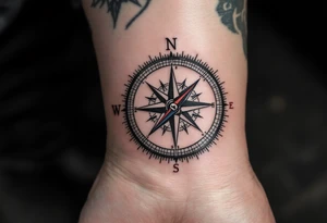 A compass in black and grey realism, with the needle pointing to the son's birthdate in deep red numerals. tattoo idea