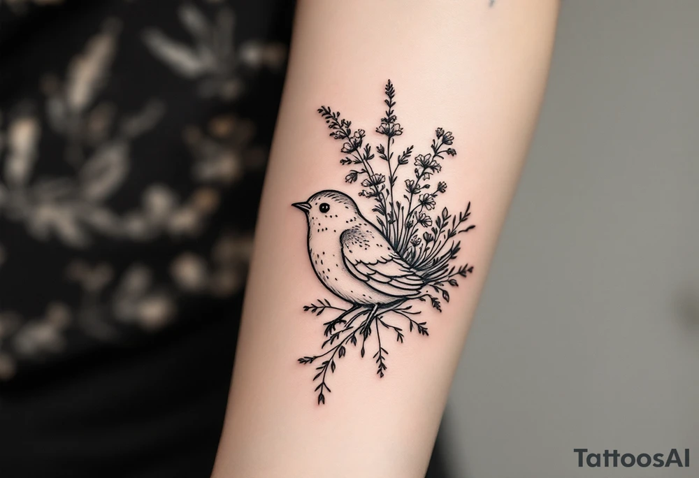 Bird with wildflowers coming out of tail tattoo idea