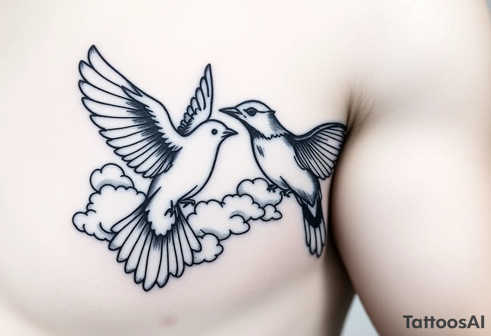 Dove and a blue jay, clouds, shining light to or from heaven tattoo idea