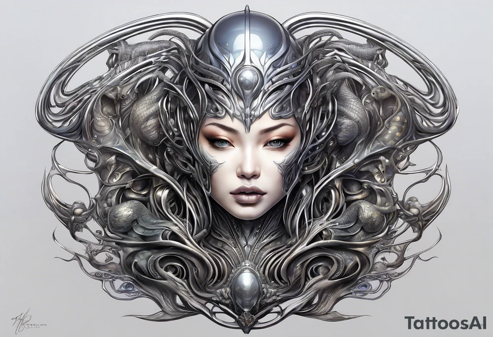 Hajime Sorayama type blended with HR Giger alien creatures with vines not a woman tattoo idea