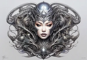 Hajime Sorayama type blended with HR Giger alien creatures with vines not a woman tattoo idea