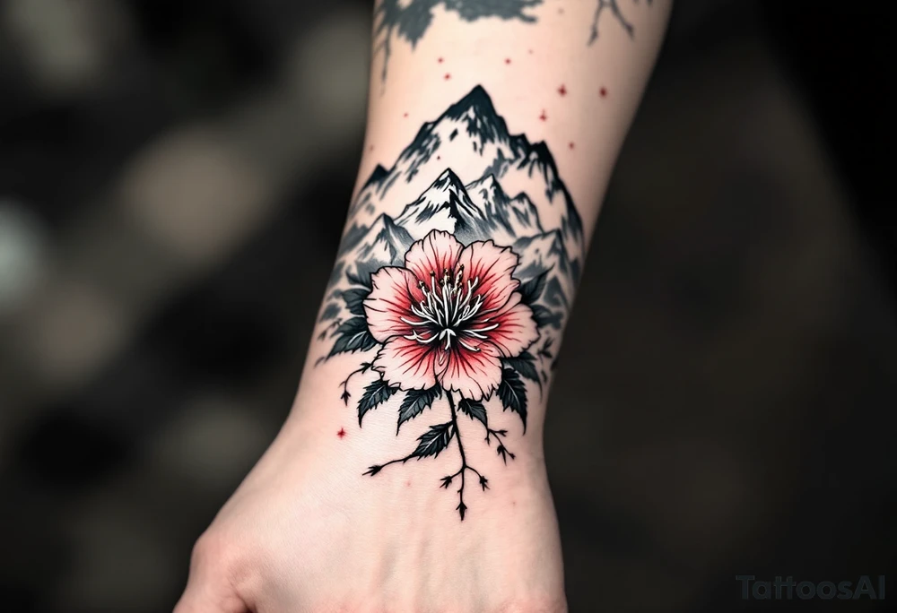 wrap around entire wrist red  and black rhododendron trippy with Himalayas behind tattoo idea