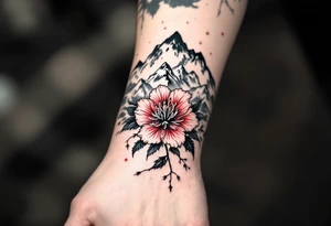 wrap around entire wrist red  and black rhododendron trippy with Himalayas behind tattoo idea