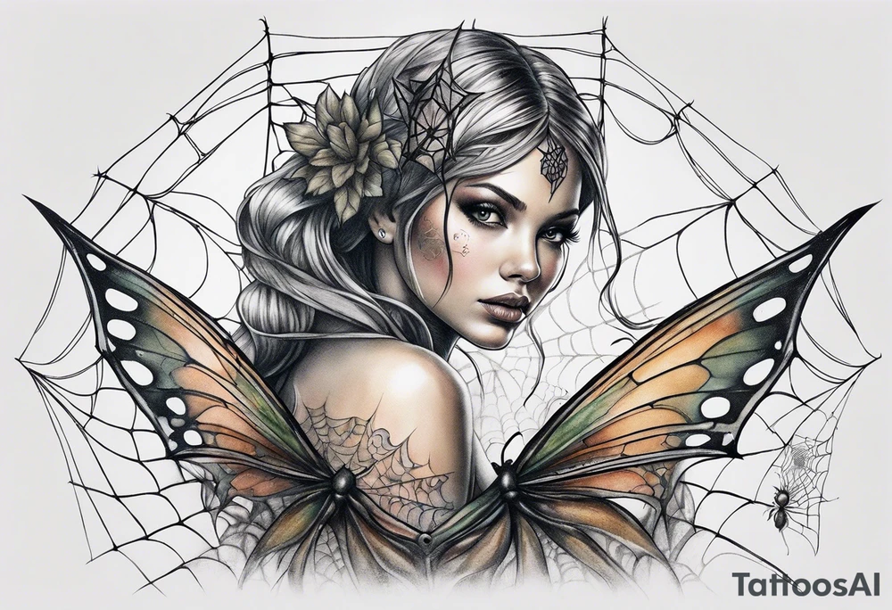 Fairy with bottom half of body wrapped up by spider web tattoo idea