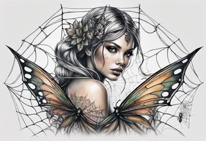 Fairy with bottom half of body wrapped up by spider web tattoo idea
