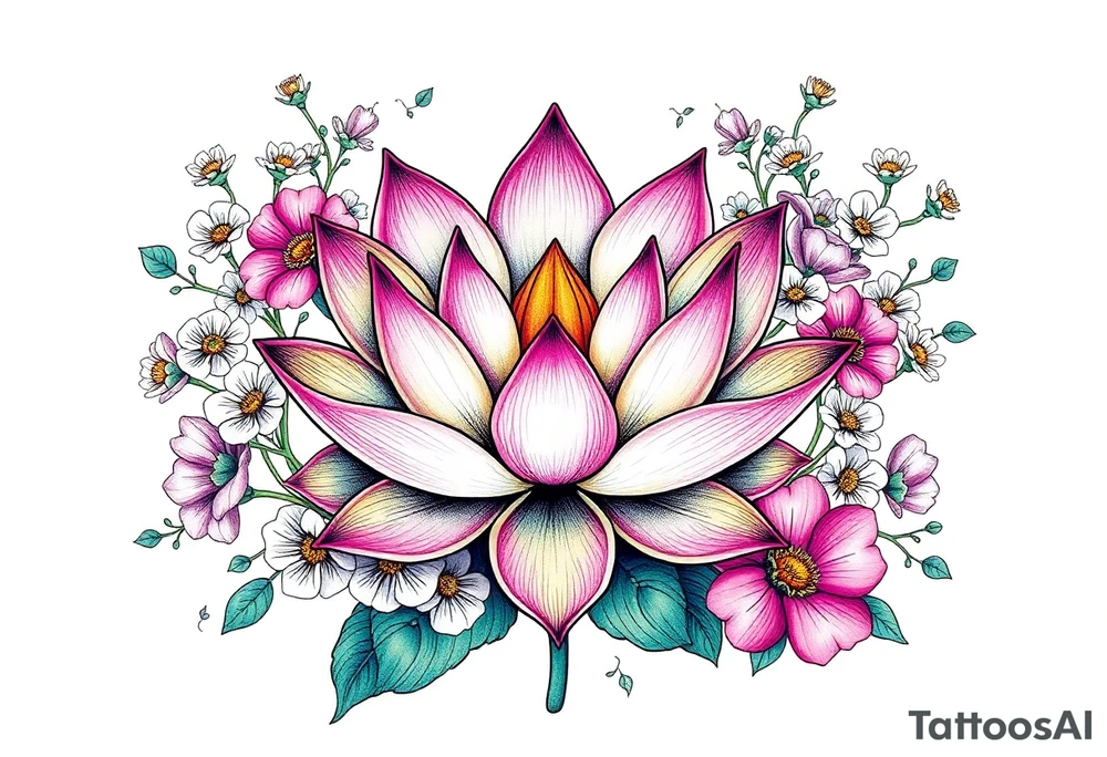 Lotus flower surrounded by forget me nots and peonies tattoo idea