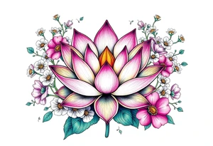 Lotus flower surrounded by forget me nots and peonies tattoo idea