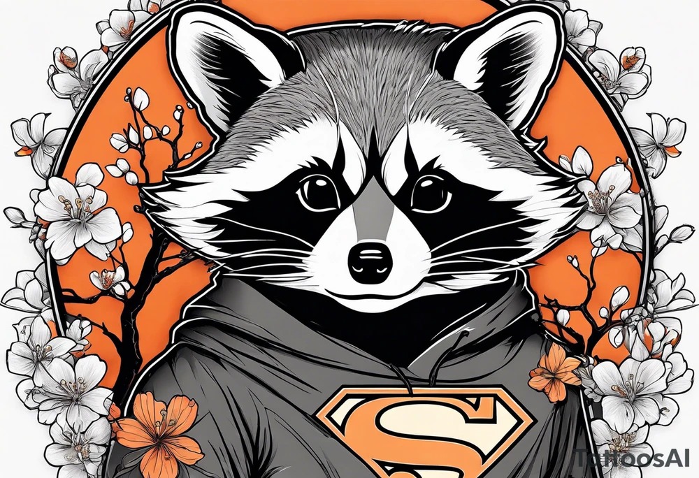 raccoon wearing a black and white Superman hoodie with orange Japanese cherry blossoms tattoo idea