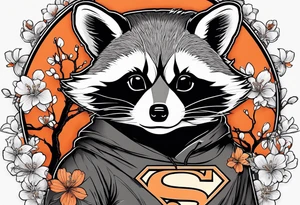 raccoon wearing a black and white Superman hoodie with orange Japanese cherry blossoms tattoo idea