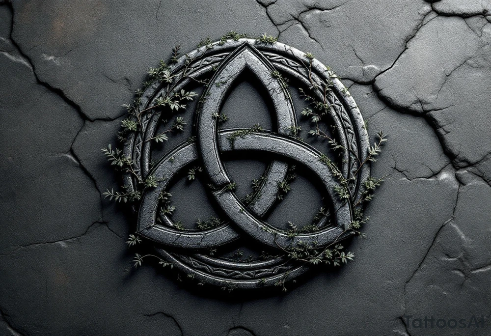 Celtic Trinity Knot with Stone Texture and Vines – A bold, interwoven Celtic triquetra (trinity knot) carved into weathered stone, with fine moss and ivy vines wrapping through the loops. The design is textured like ancient granite, in stone gray, deep forest green, and subtle earthy brown tones, evoking timelessness and natural connection. tattoo idea