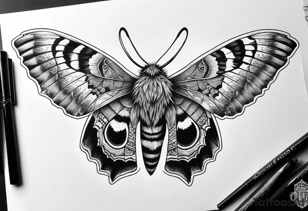 Dead head moth with long wings and owl eyes tattoo idea