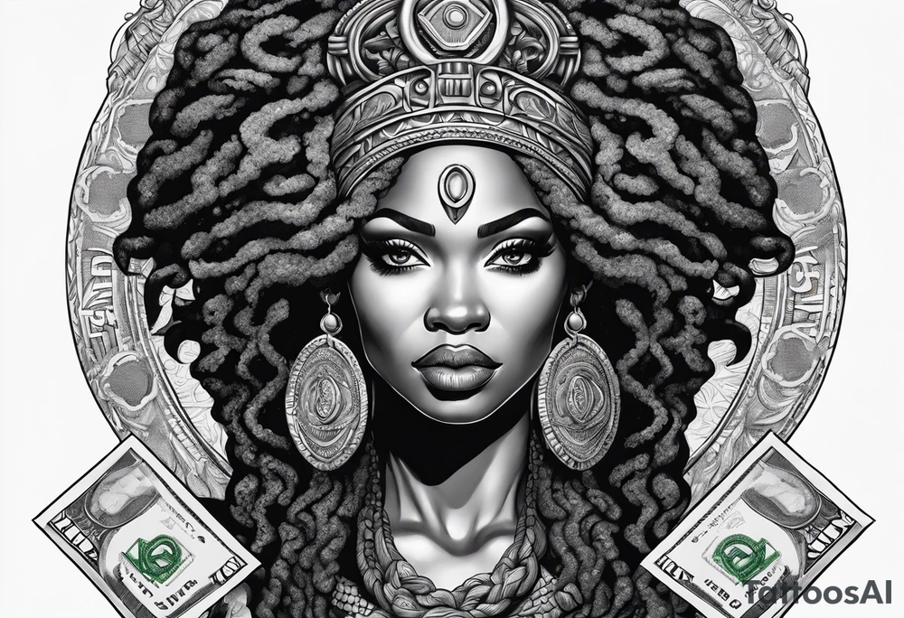 African medusa with money tattoo idea