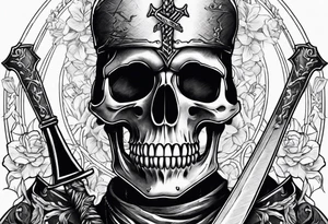 depressed skeleton holding his heart in his hand with a dagger through it tattoo idea