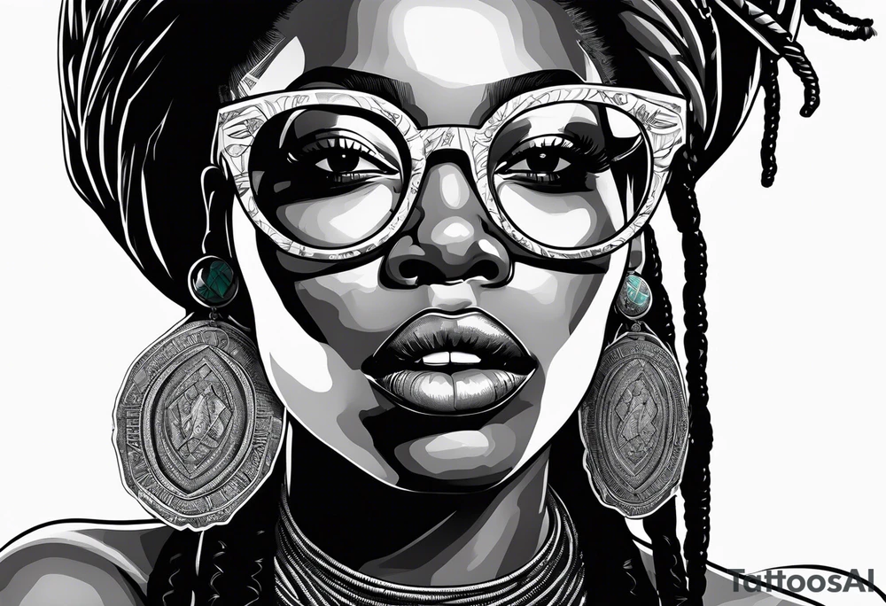 african woamn with dread locks and un glasses with money in her mouth tattoo idea