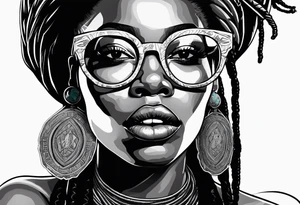 african woamn with dread locks and un glasses with money in her mouth tattoo idea