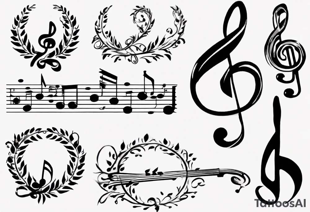 Using a bass clef music staff in the key of Bb, place the notes Bb A Bb Eb in one measure, then F A F in the next. Place a Coda symbol next to the end of the bar of music.
Place the whole peace inside a wreath tattoo idea