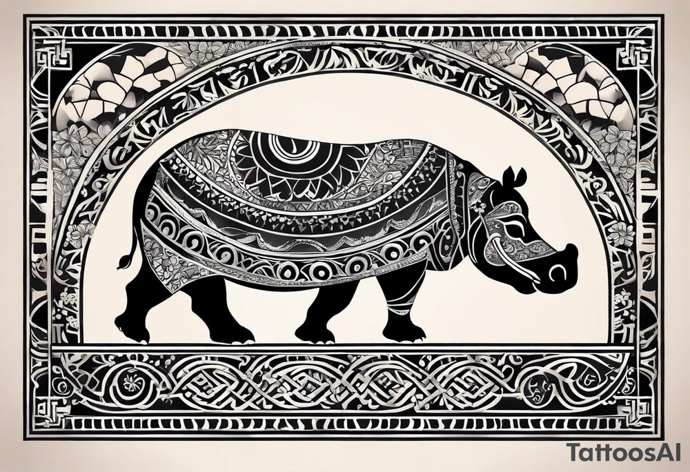 A foot long 2.5inches wide tattoo, containing a detailed hippo headwith tribal patterns in the middle, a full moon on the upper side, and some wintersweet flowwer on the bottom side, these three components are connected with arches, lines, little geometric patterns, the lines will ne fine and narrow tattoo idea