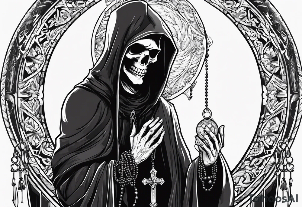 The grim reaper with praying hands and rosary rapped around his hands while he’s standing standing side ways tattoo idea