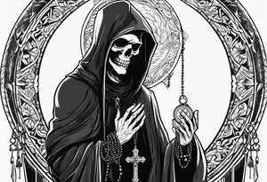 The grim reaper with praying hands and rosary rapped around his hands while he’s standing standing side ways tattoo idea