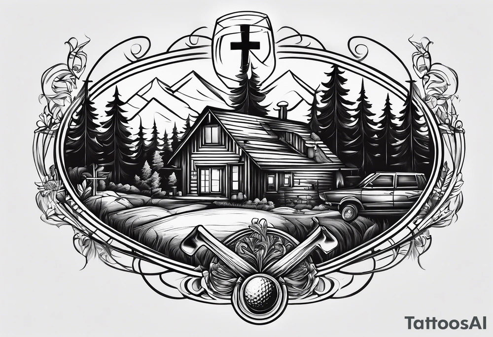 cross with whiskey glass, golf club, camp fire and cabin in the quandrants tattoo idea