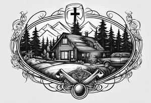 cross with whiskey glass, golf club, camp fire and cabin in the quandrants tattoo idea