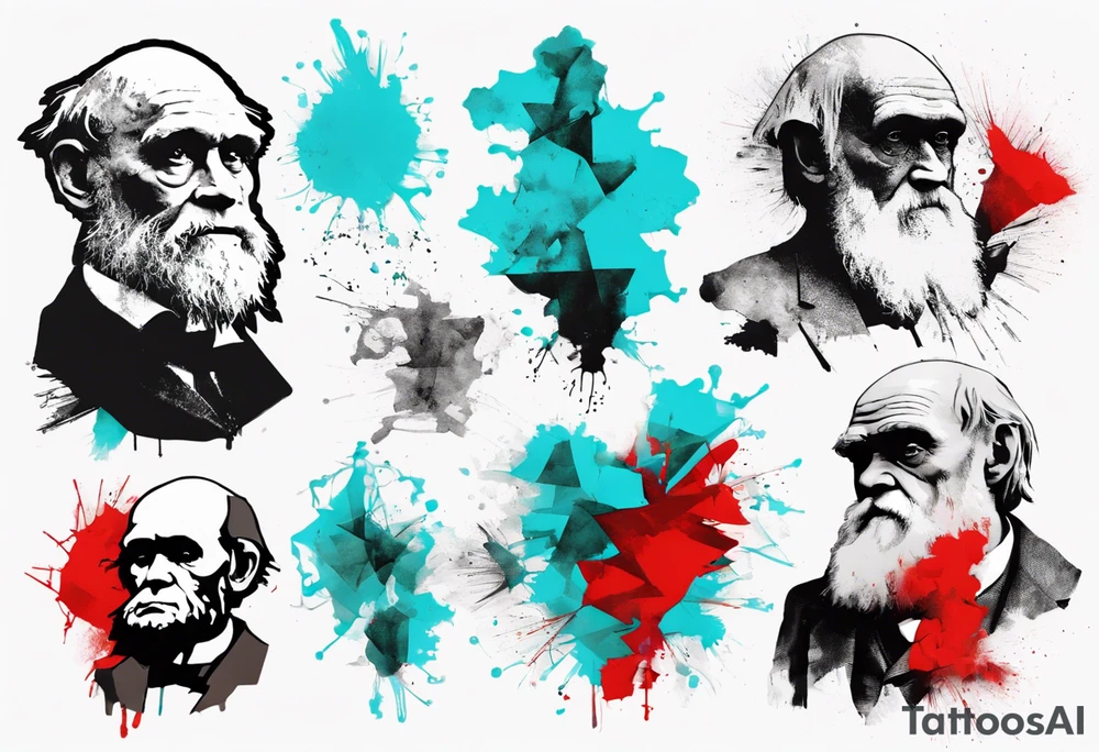 BANKSY ART STYLE,  cyan and red, acquarel, abstract, damage done, realistic Charles Darwin, romancistic, geometric tattoo idea