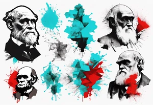 BANKSY ART STYLE,  cyan and red, acquarel, abstract, damage done, realistic Charles Darwin, romancistic, geometric tattoo idea