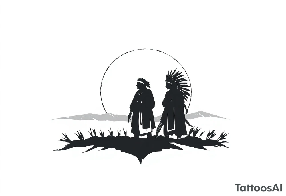 Silhouette of Native American tribe in sunset tattoo idea