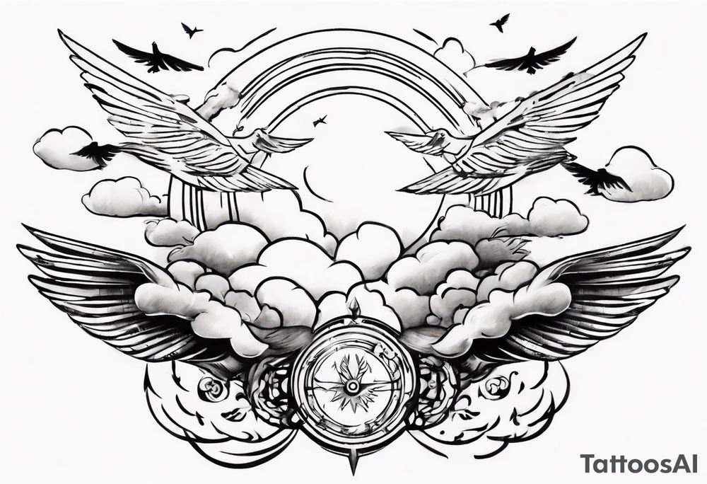 a shoulder tattoo with rays of light, clouds and birds flying free tattoo idea
