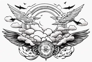 a shoulder tattoo with rays of light, clouds and birds flying free tattoo idea