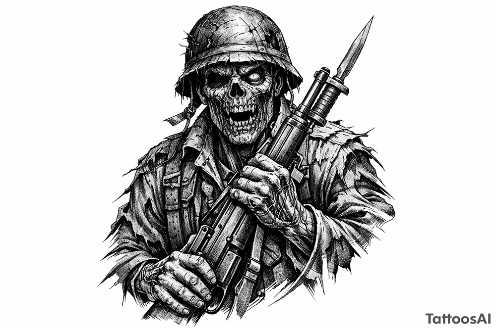Zombie soldier in tattered uniform, clutching a rifle, bayonet fixed. tattoo idea